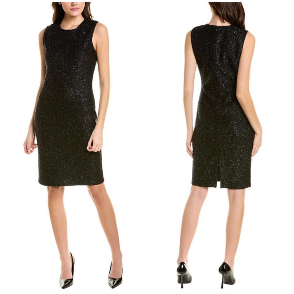 💕ST JOHN💕 Sequin Tweed Knit Sleeveless Shift Dress Black Gold Metallic 10 NWOT